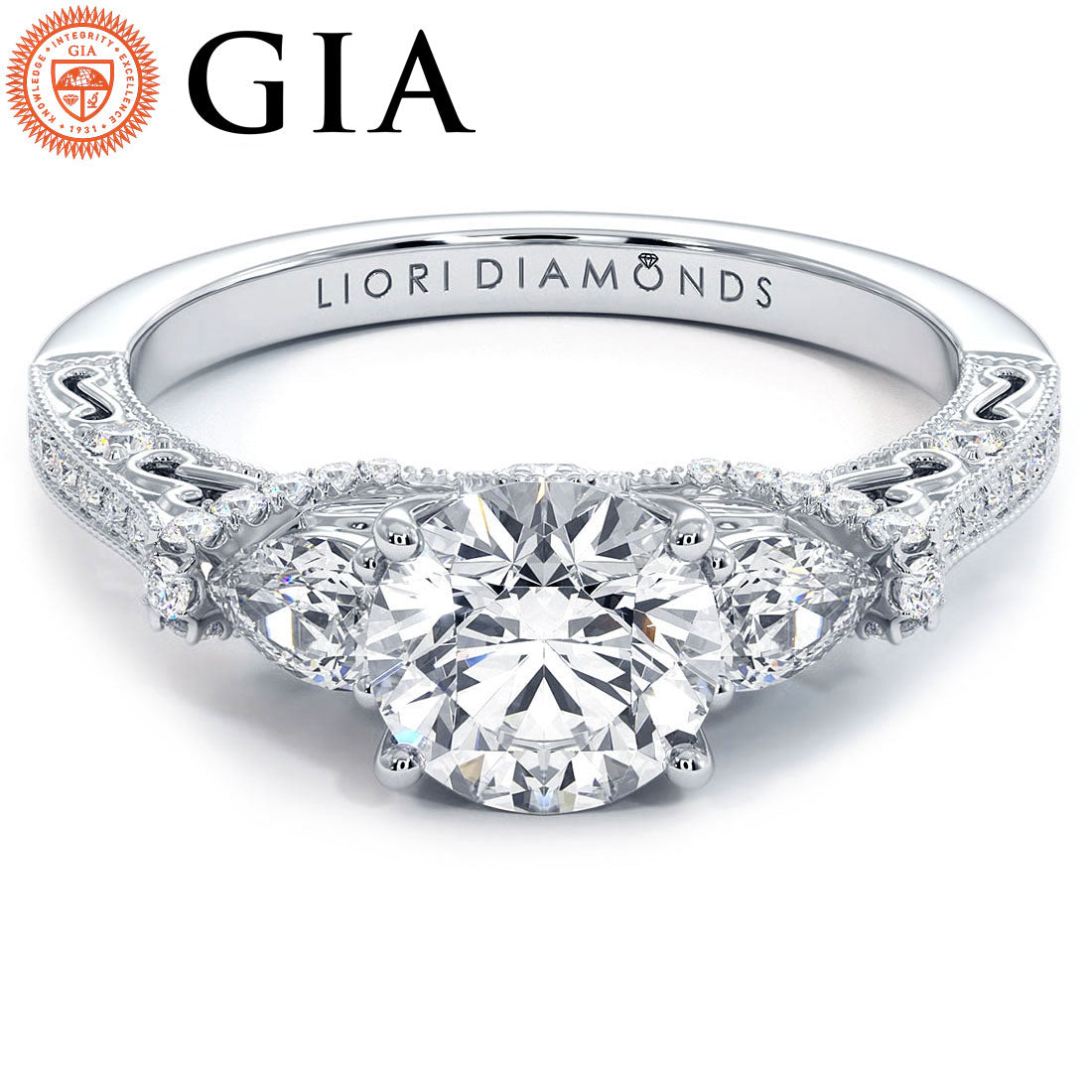 1 Carat Round Brilliant Three Stone Milgrain Vintage Style