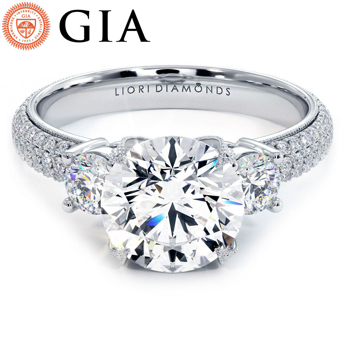 2 Carat Round Brilliant Three Stone Micropavé Eagle Prongs
