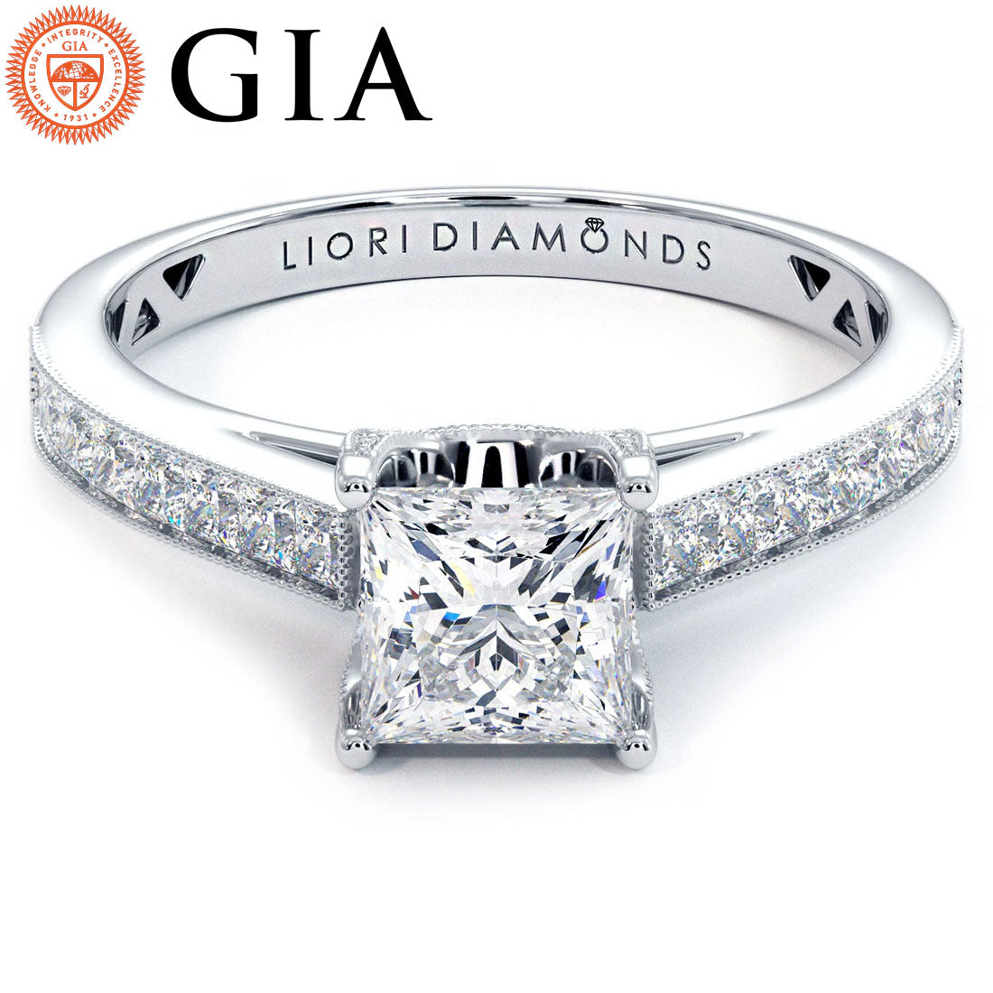 1 Carat Princess Cut Cathedral Milgrain Channel Set
