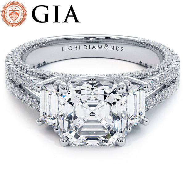 2 Carat Asscher Cut Three Stone Micropavé Split Shank