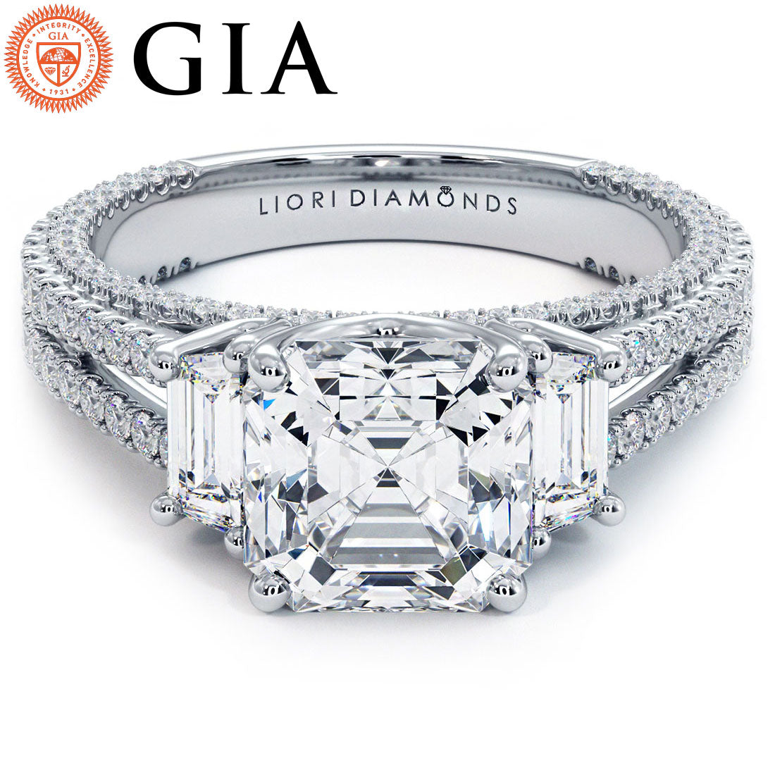 2 Carat Asscher Cut Three Stone Micropavé Split Shank