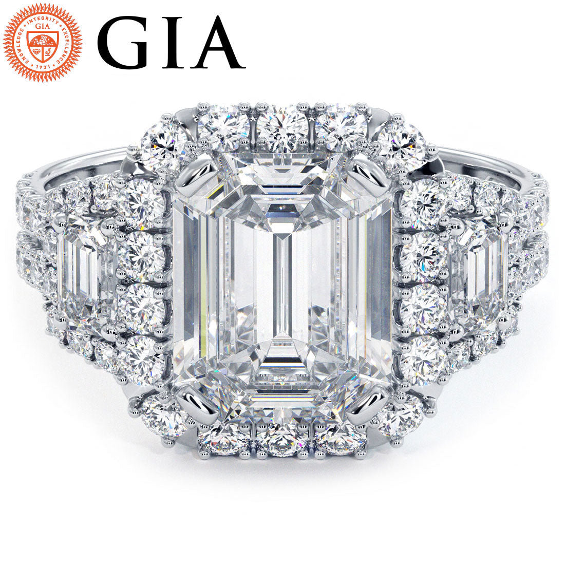 2 Carat Emerald Cut Three Stone Micropavé Halo