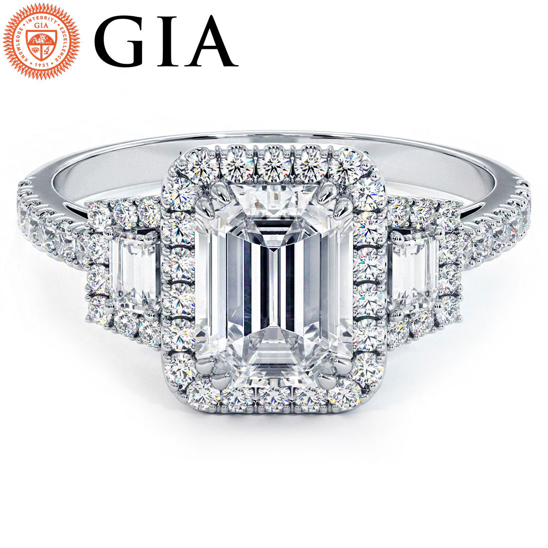 1.5 Carat Emerald Cut Three Stone Micropavé Halo
