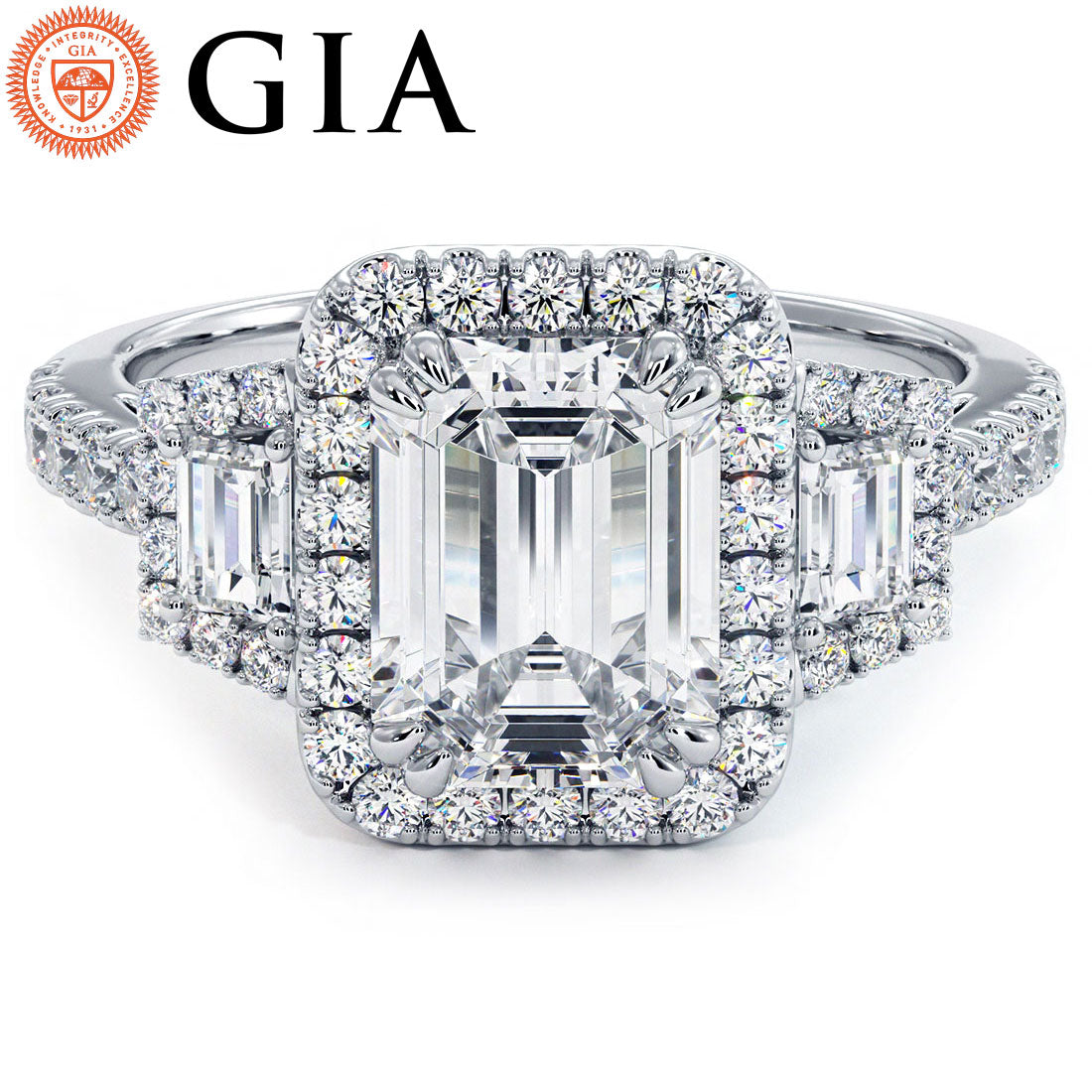 2 Carat Emerald Cut Three Stone Micropavé Halo
