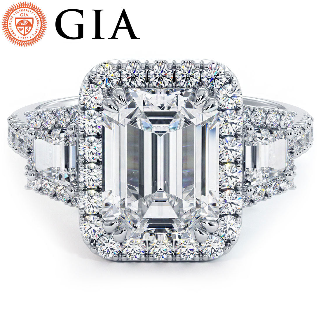 2.5 Carat Emerald Cut Three Stone Micropavé Halo