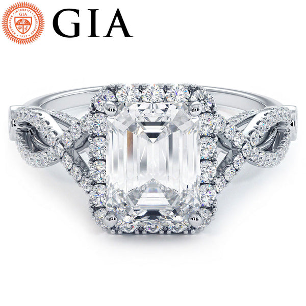 2.76ctw GIA Certified E-VVS1 Emerald Cut Micropavé Infinity Twist Halo Lab Grown Diamond Engagement Ring set in 14k White Gold
