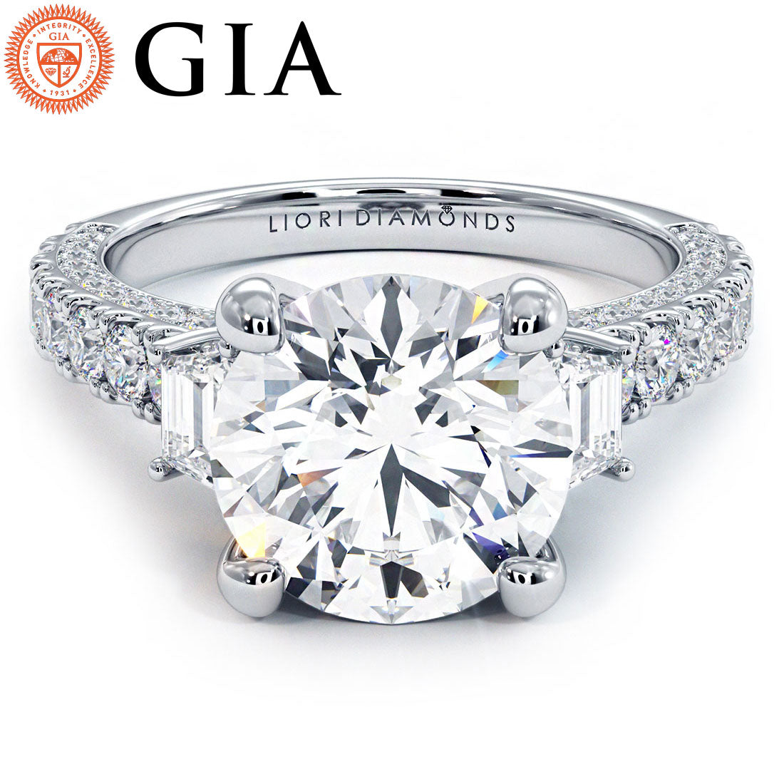 5.00ctw GIA Certified D-VS2 Round Brilliant Micropavé Three Stone Lab Grown Diamond Engagement Ring 14k White Gold