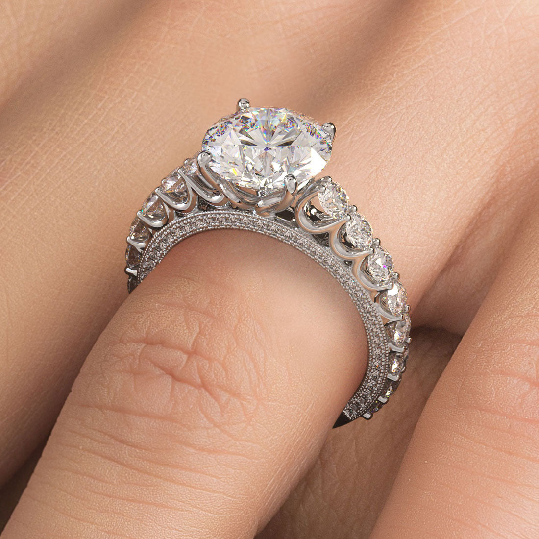 5.00ctw Round Brilliant Micropavé Graduated U Prong Lab Grown Diamond Engagement Ring 14k White Gold
