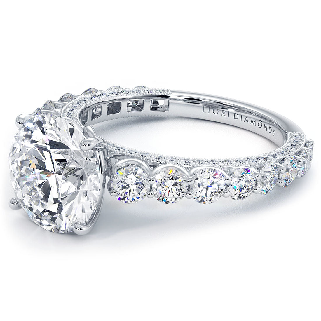 4.51ctw GIA Certified Round Brilliant Micropavé Graduated U Prong Lab Grown Diamond Engagement Ring 14k White Gold