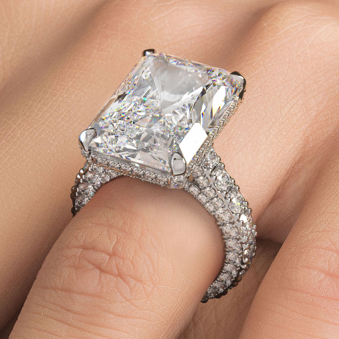 19.72ctw F-VS1 Radiant Cut 3D Micropavé Cathedral Lab Grown Diamond Engagement Ring set in 14k White Gold