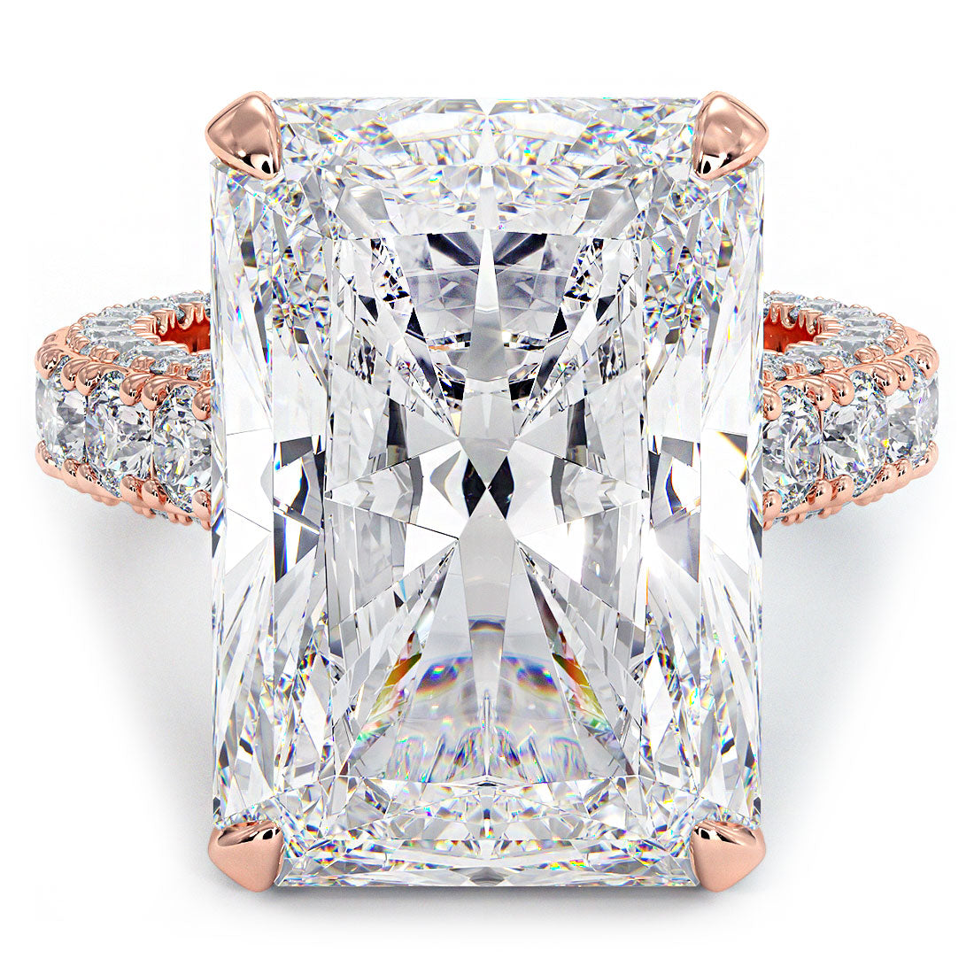19.72ctw F-VS1 Radiant Cut 3D Micropavé Cathedral Lab Grown Diamond Engagement Ring set in 14k Rose Gold
