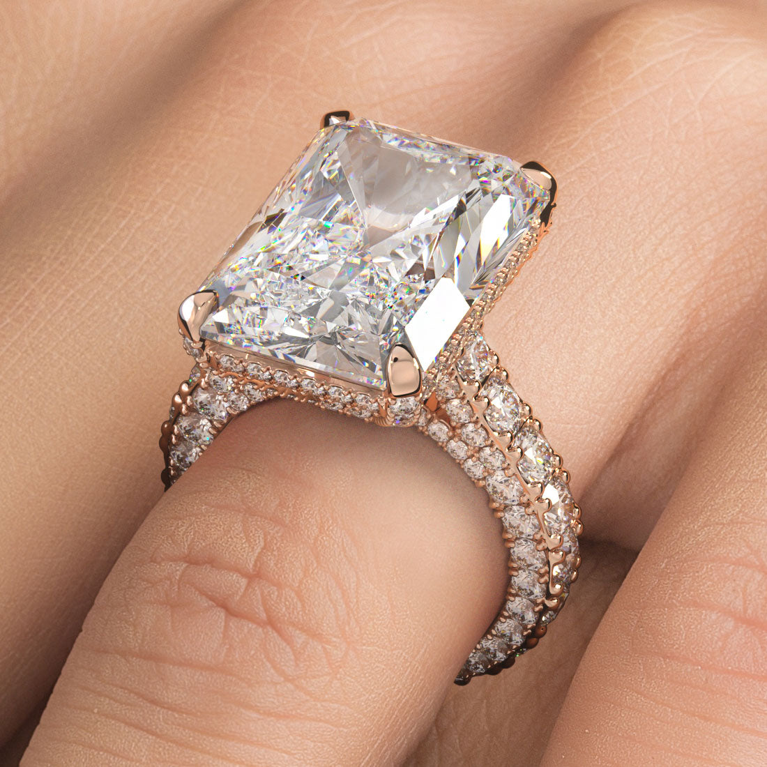 19.72ctw F-VS1 Radiant Cut 3D Micropavé Cathedral Lab Grown Diamond Engagement Ring set in 14k Rose Gold