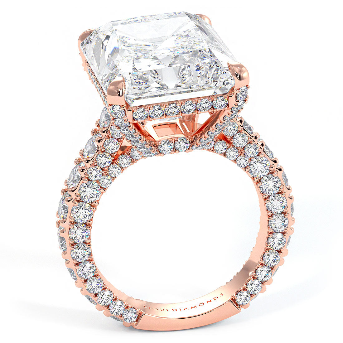 19.72ctw F-VS1 Radiant Cut 3D Micropavé Cathedral Lab Grown Diamond Engagement Ring set in 14k Rose Gold