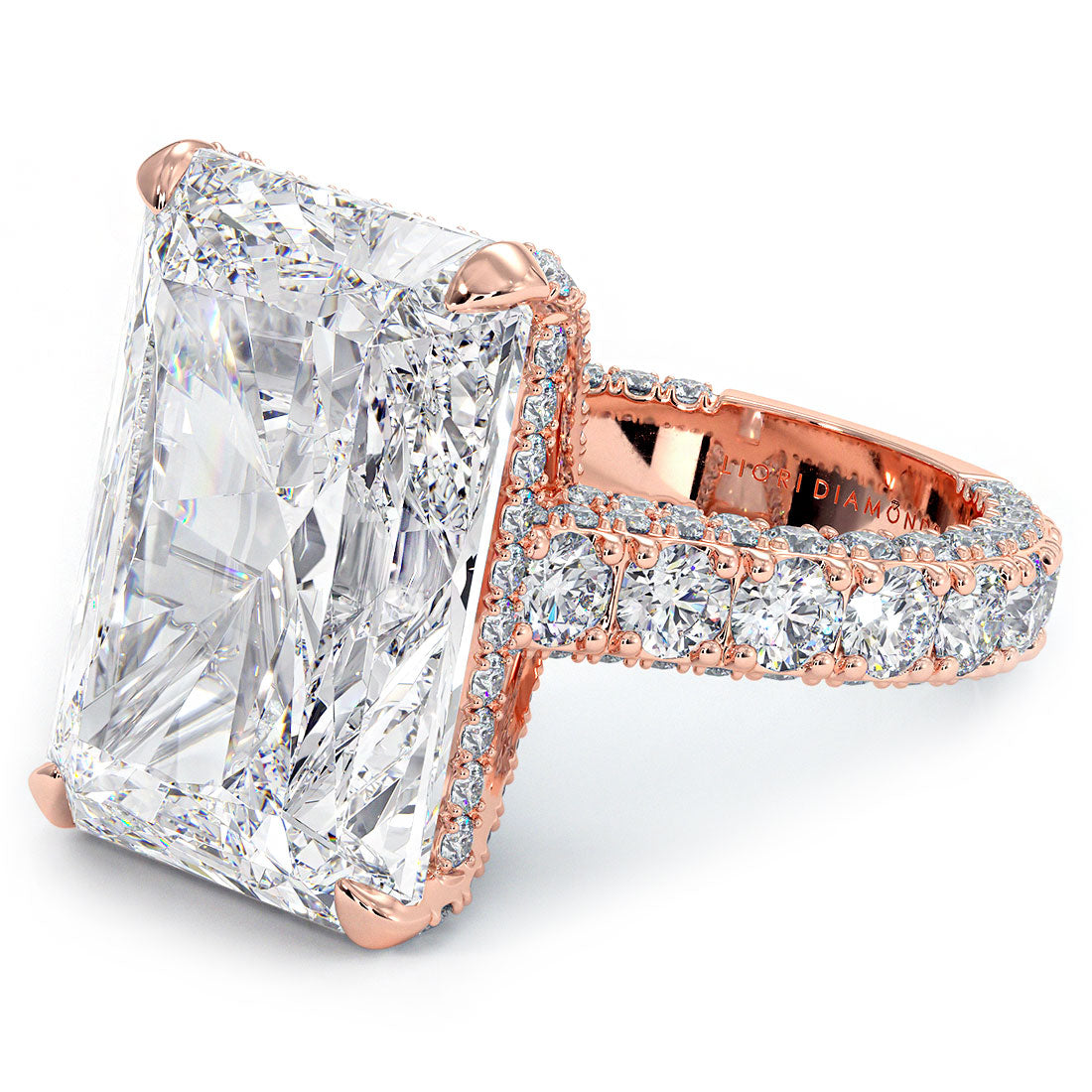 19.61ctw GIA Certified F-VVS2 Radiant Cut 3D Micropavé Cathedral Lab Grown Diamond Engagement Ring set in 14k Rose Gold