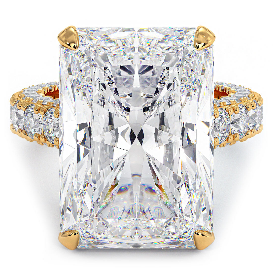 19.72ctw F-VS1 Radiant Cut 3D Micropavé Cathedral Lab Grown Diamond Engagement Ring set in 14k Yellow Gold