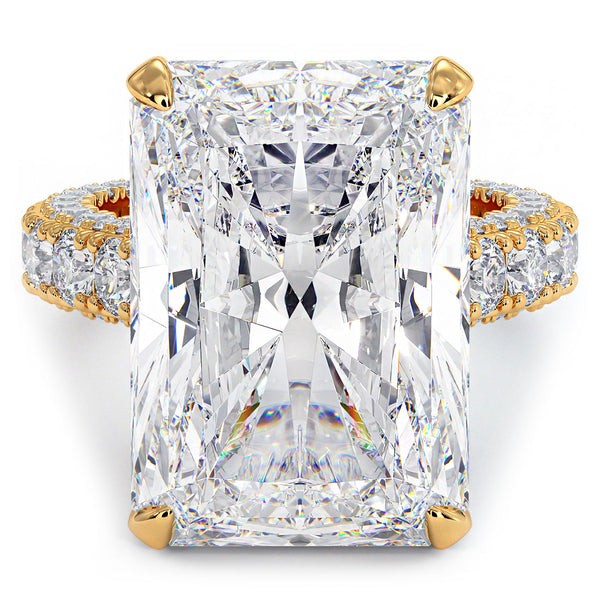 19.72ctw F-VS1 Radiant Cut 3D Micropavé Cathedral Lab Grown Diamond Engagement Ring set in 14k Yellow Gold