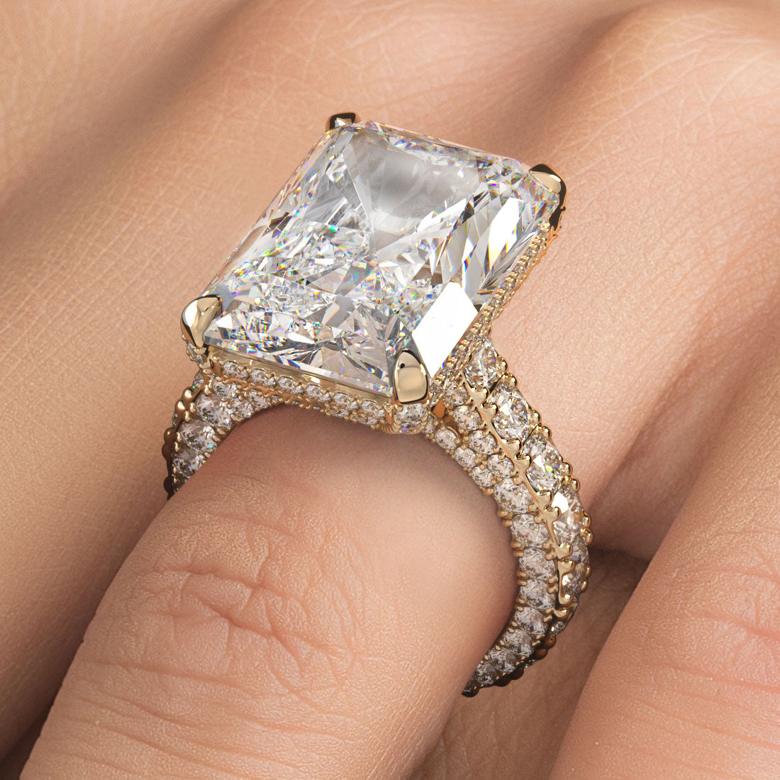 19.72ctw F-VS1 Radiant Cut 3D Micropavé Cathedral Lab Grown Diamond Engagement Ring set in 14k Yellow Gold
