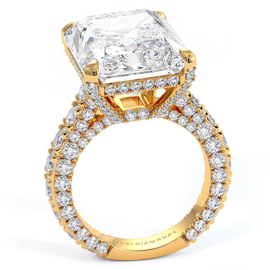 19.61ctw GIA Certified F-VVS2 Radiant Cut 3D Micropavé Cathedral Lab Grown Diamond Engagement Ring set in 14k Yellow Gold