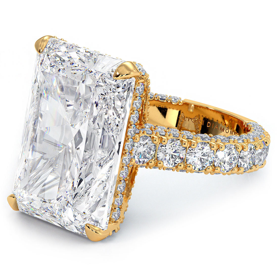 19.72ctw F-VS1 Radiant Cut 3D Micropavé Cathedral Lab Grown Diamond Engagement Ring set in 14k Yellow Gold