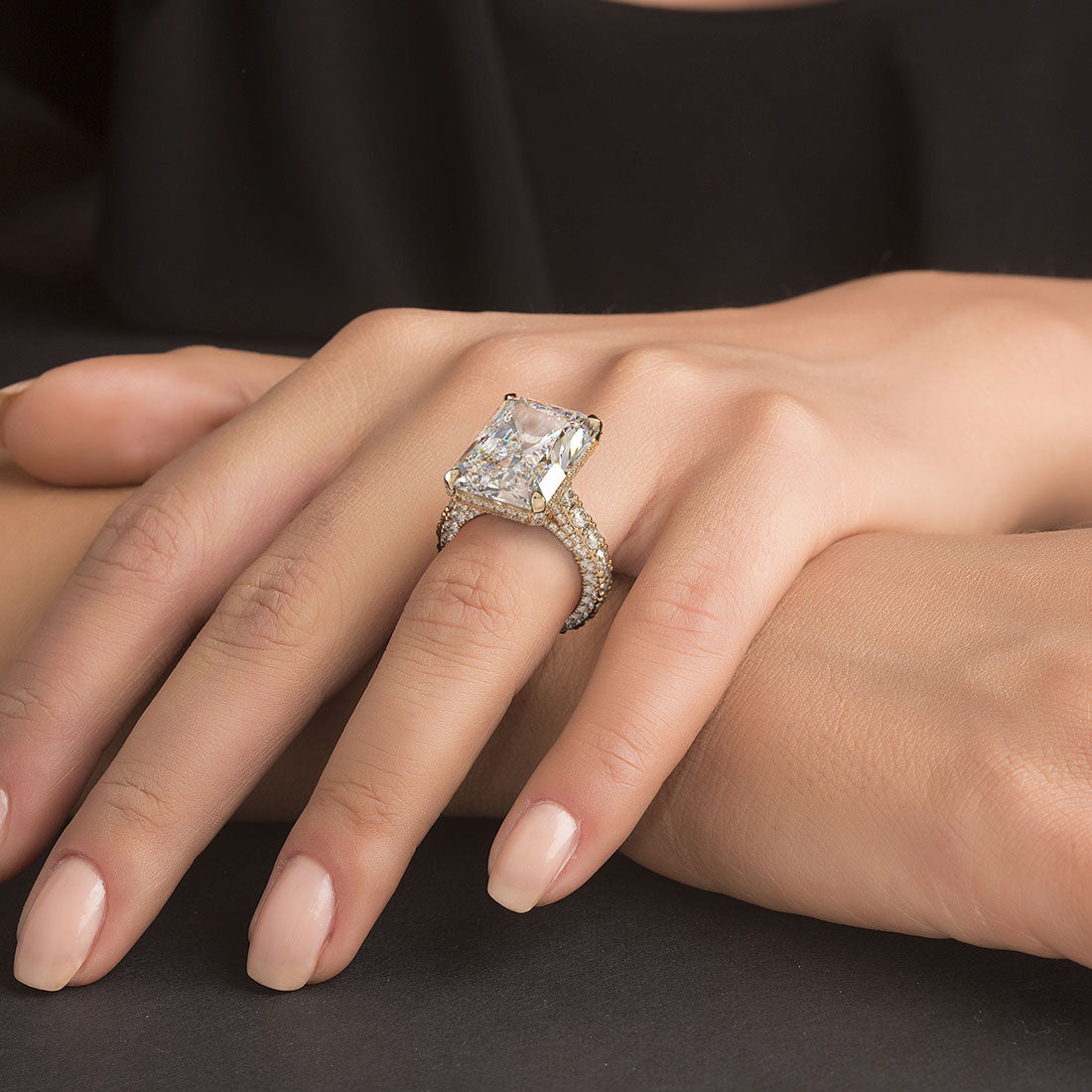 19.72ctw F-VS1 Radiant Cut 3D Micropavé Cathedral Lab Grown Diamond Engagement Ring set in 14k Yellow Gold