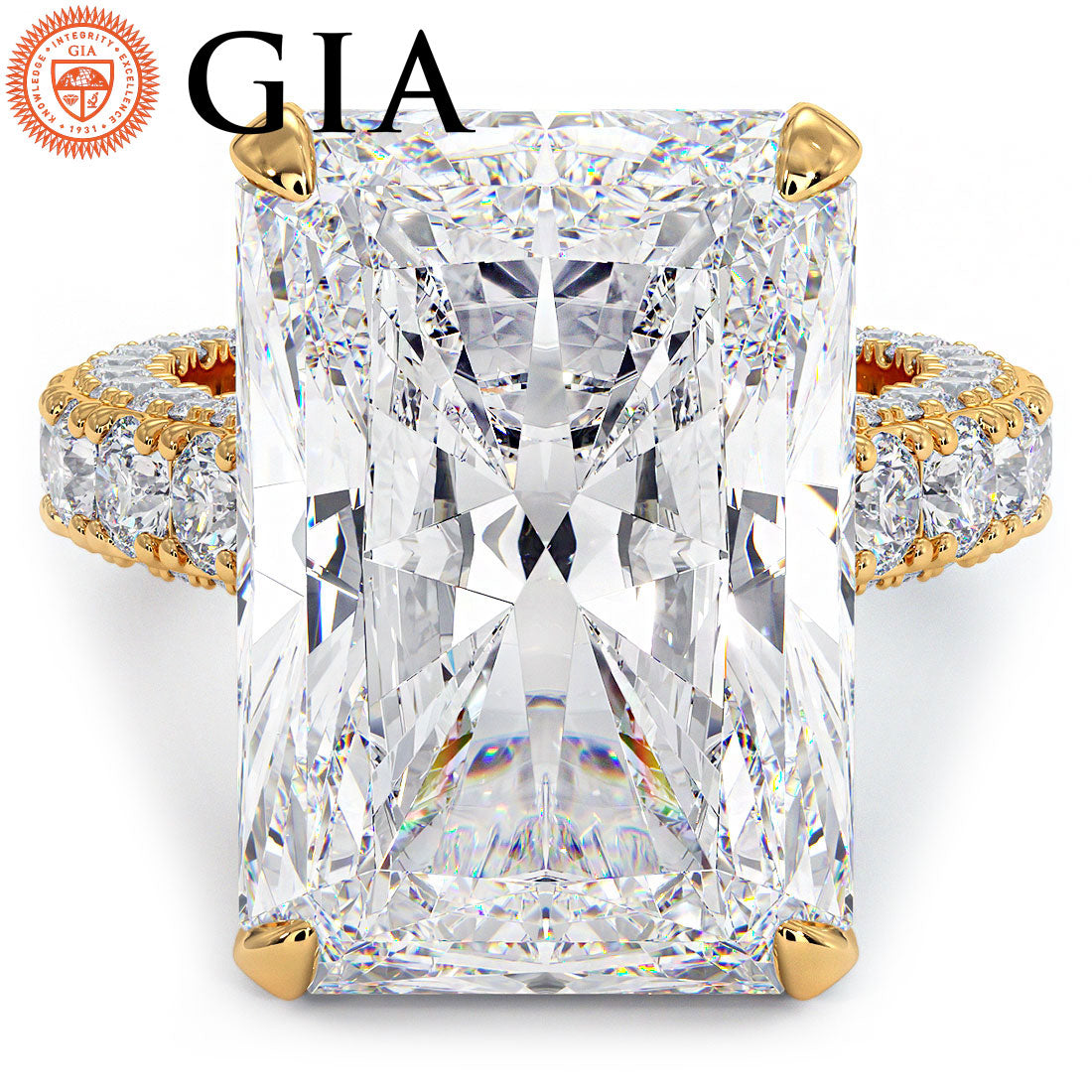 19.61ctw GIA Certified F-VVS2 Radiant Cut 3D Micropavé Cathedral Lab Grown Diamond Engagement Ring set in 14k Yellow Gold