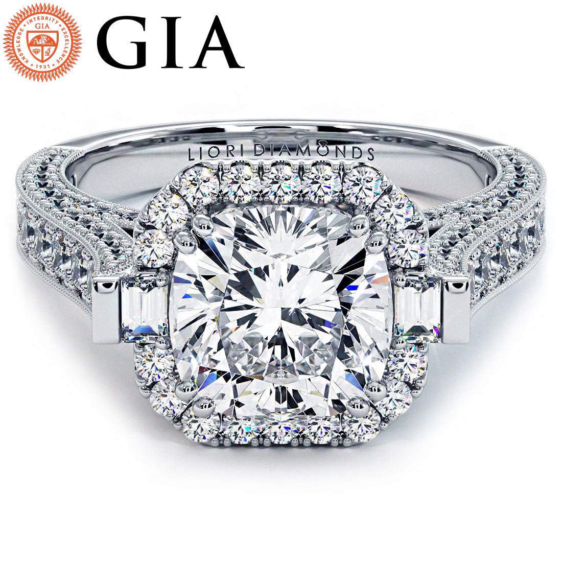 2 Carat Cushion Cut Micropavé Halo 3D Milgrain