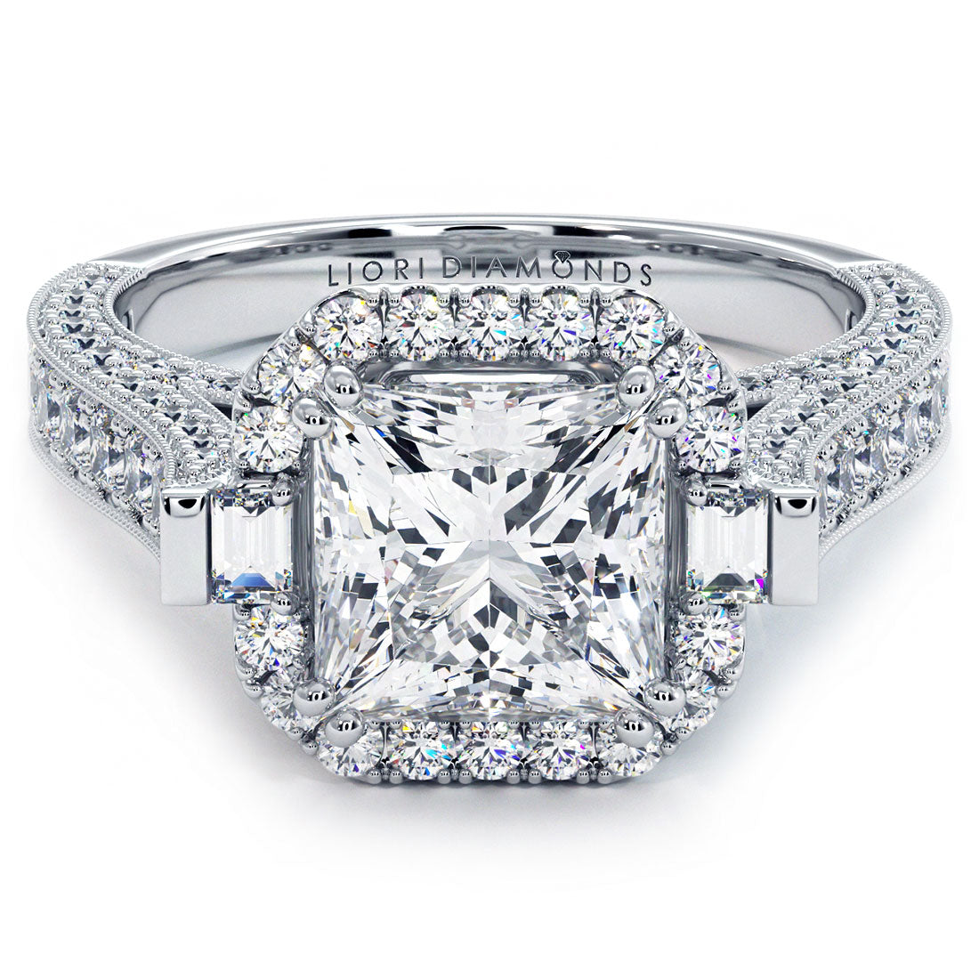 4.86ctw Princess Cut F-VS1 Micropavé Milgrain Prongs Lab Grown Diamond Engagement Ring set in 14k White Gold
