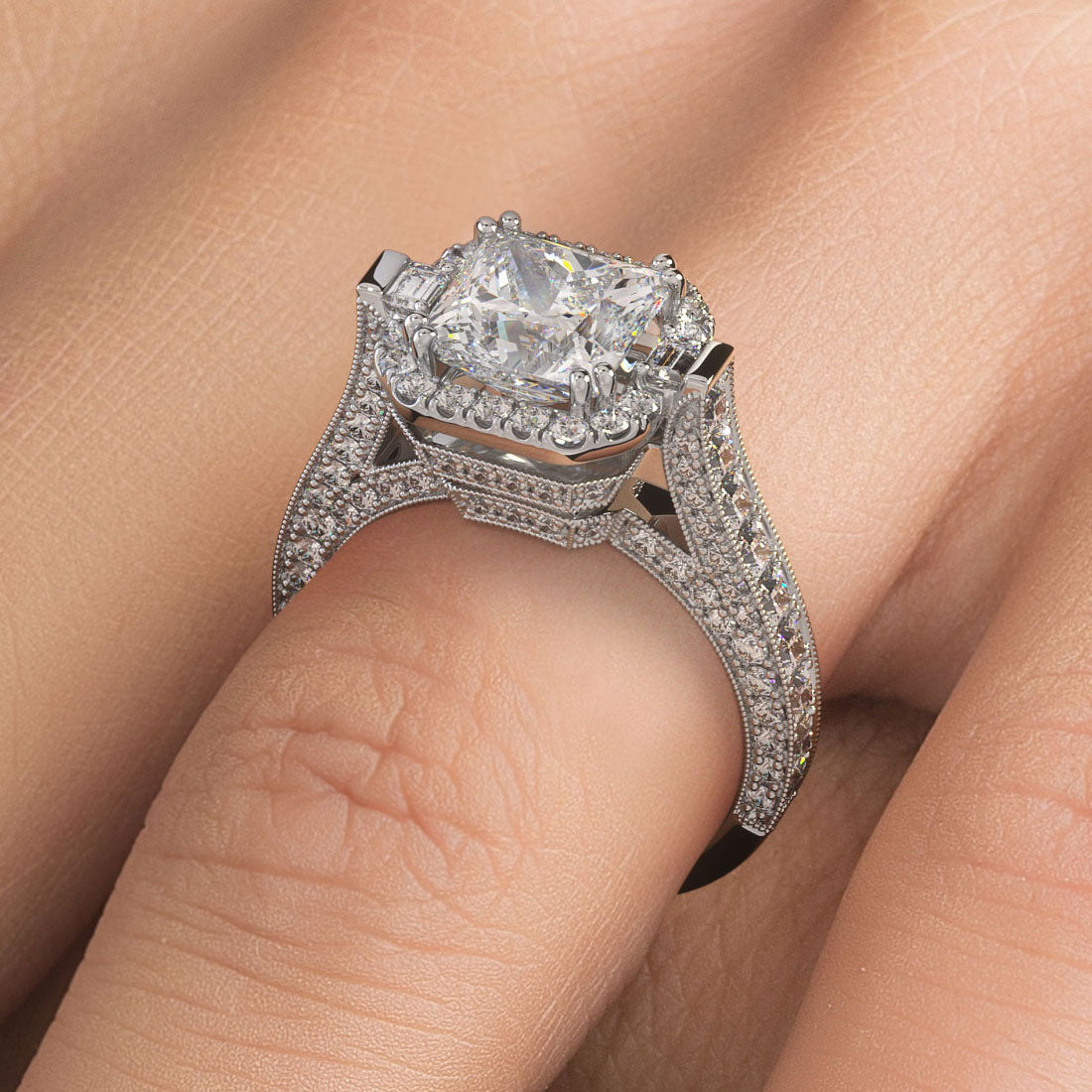 4.86ctw Princess Cut F-VS1 Micropavé Milgrain Prongs Lab Grown Diamond Engagement Ring set in 14k White Gold