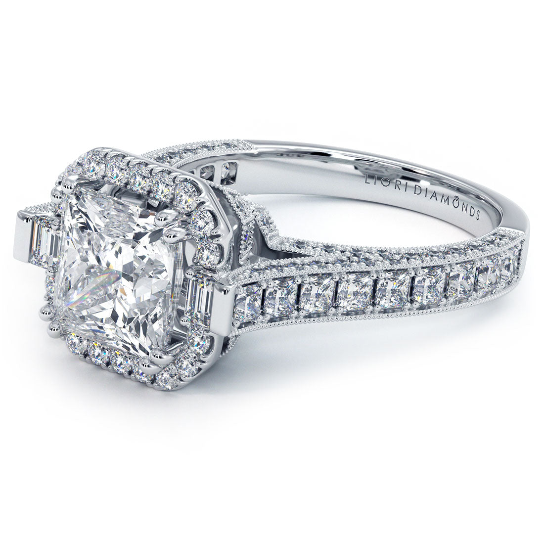 4.86ctw Princess Cut F-VS1 Micropavé Milgrain Prongs Lab Grown Diamond Engagement Ring set in 14k White Gold