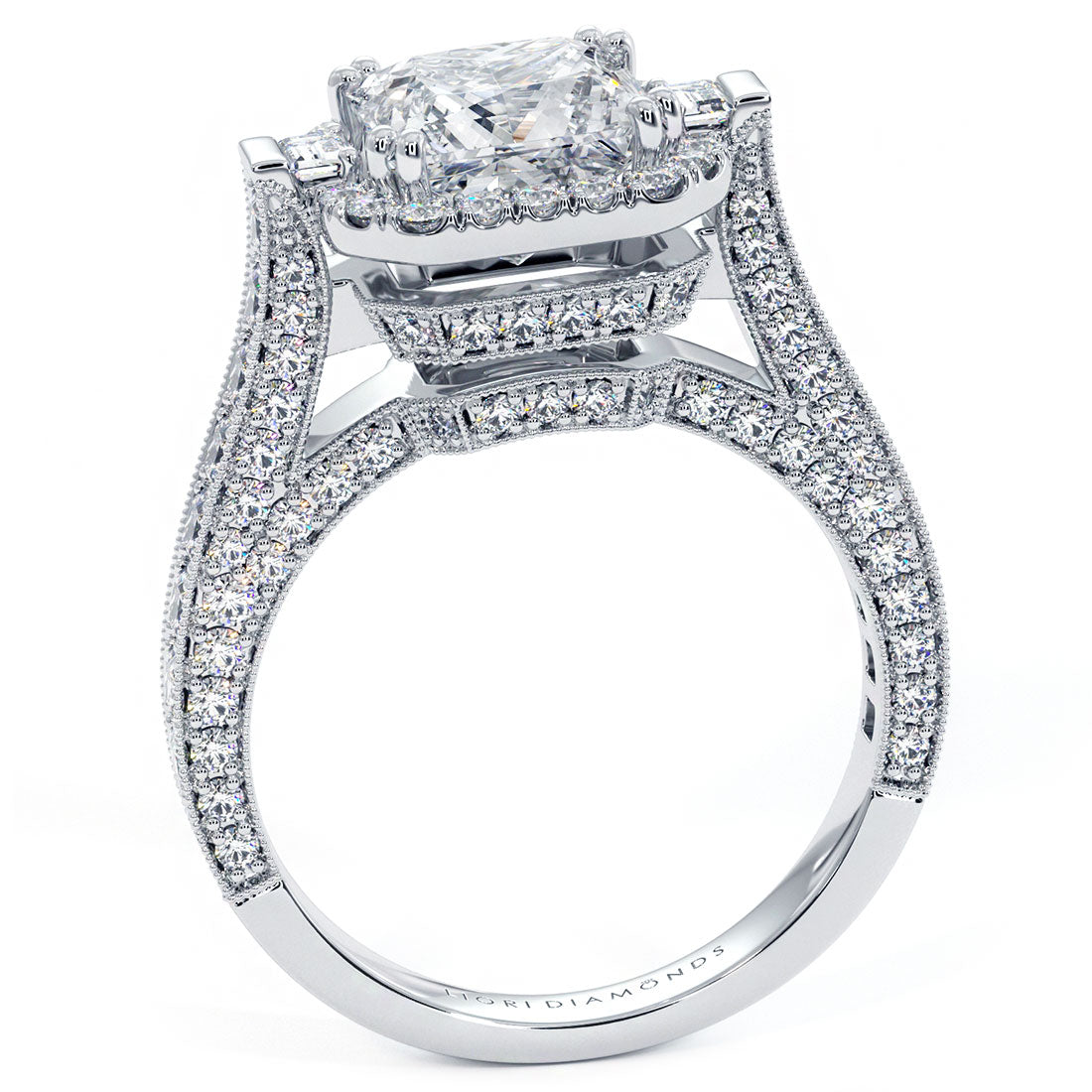 4.86ctw Princess Cut F-VS1 Micropavé Milgrain Prongs Lab Grown Diamond Engagement Ring set in 14k White Gold