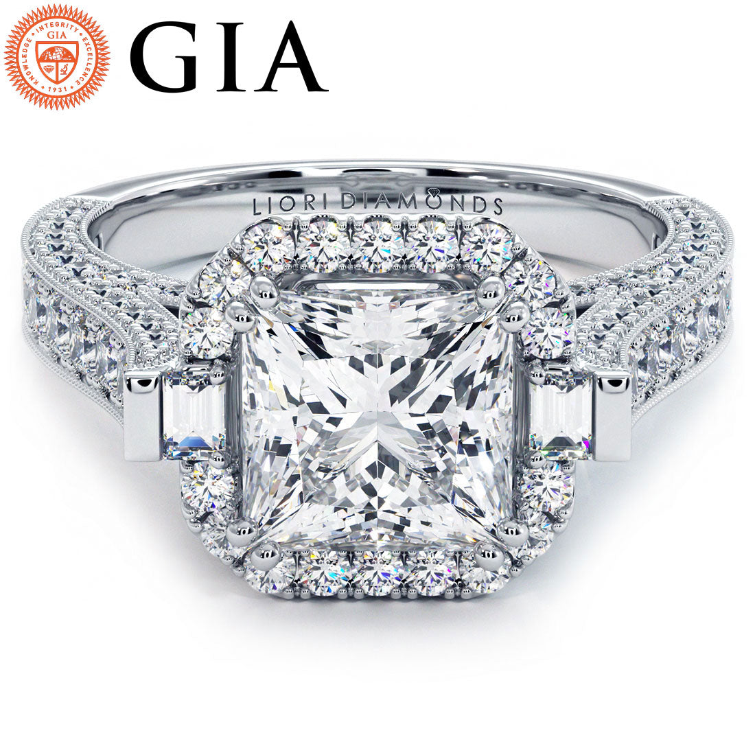 2 Carat Princess Cut Micropavé Halo 3D Milgrain