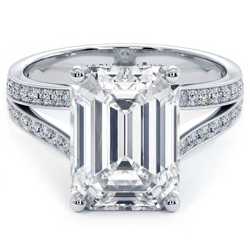 6.10ctw E-VS1 Emerald Cut Micropavé Split Shank Lab Grown Diamond Engagement Ring set in 14k White Gold