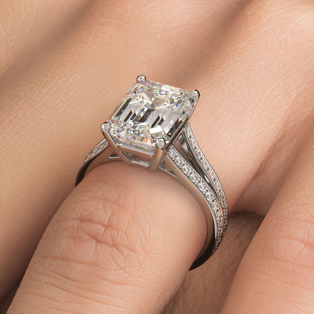 6.10ctw E-VS1 Emerald Cut Micropavé Split Shank Lab Grown Diamond Engagement Ring set in 14k White Gold