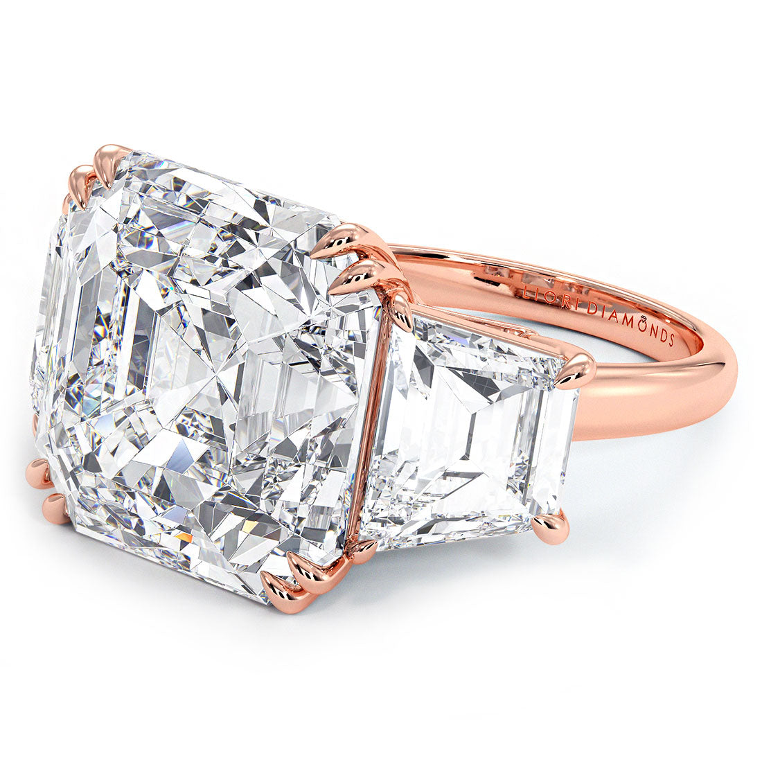 23.22ctw GIA Certified F-VS1 Asscher Cut & Trapezoid Three Stone Lab Grown Diamond Engagement Ring set in 14k Rose Gold