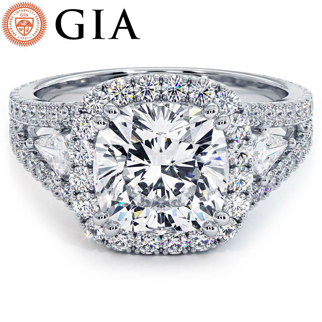 2.5 Carat Cushion Cut Three Stone Micropavé Split Shank