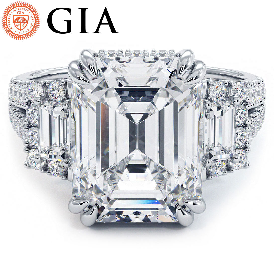 5 Carat Emerald Cut Three Stone Micropavé Split Shank