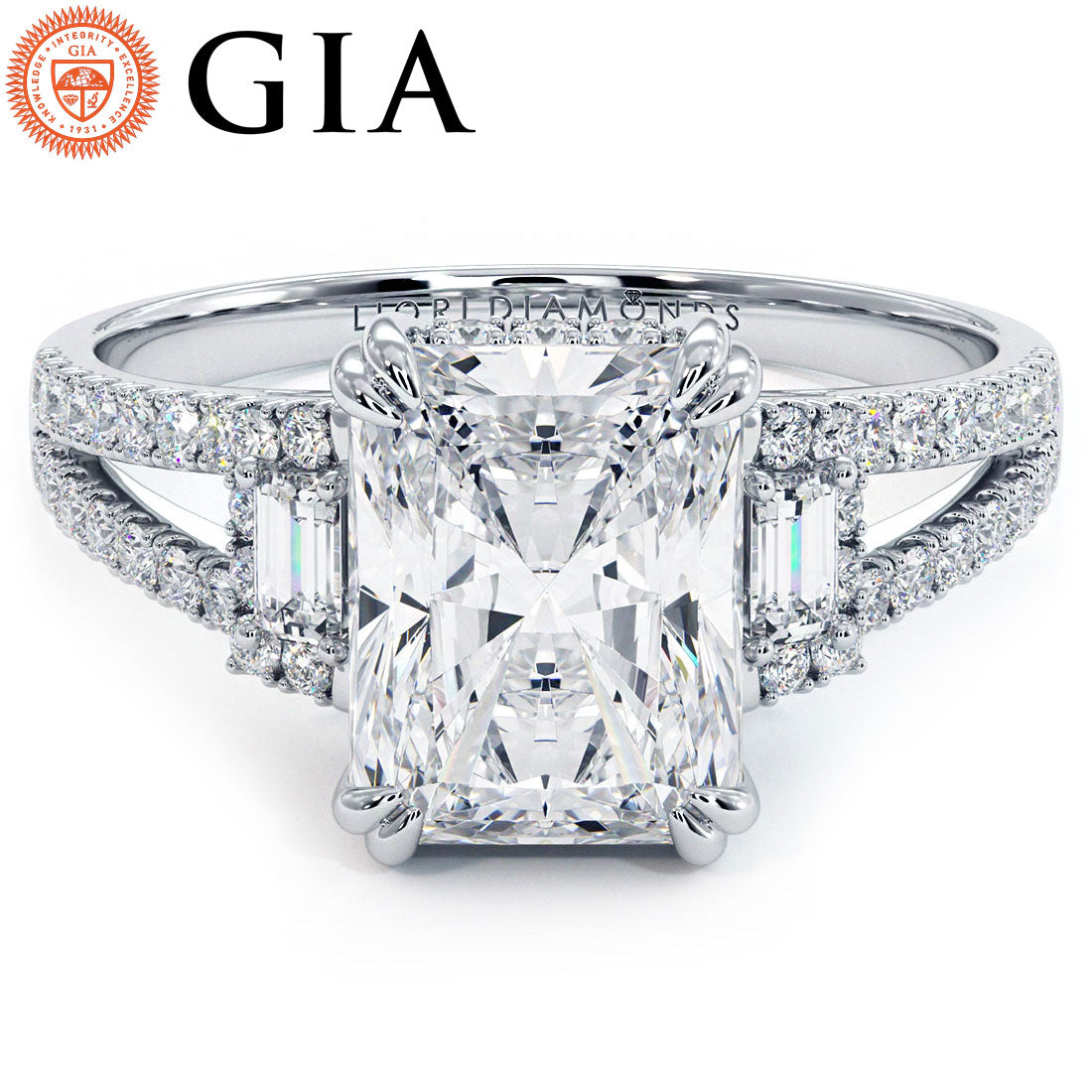 2 Carat Radiant Cut Three Stone Micropavé Split Shank
