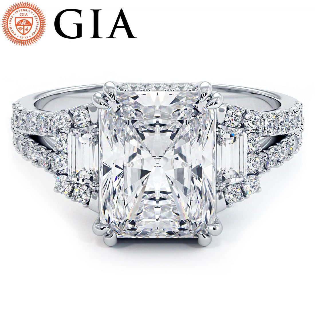 3 Carat Radiant Cut Three Stone Micropavé Split Shank