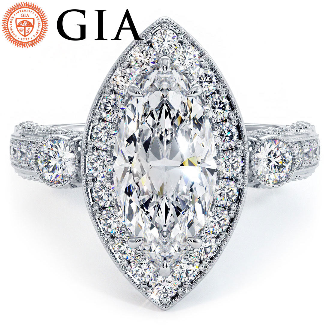 3 Carat Marquise Cut Milgrain Filigree Vintage Style Halo