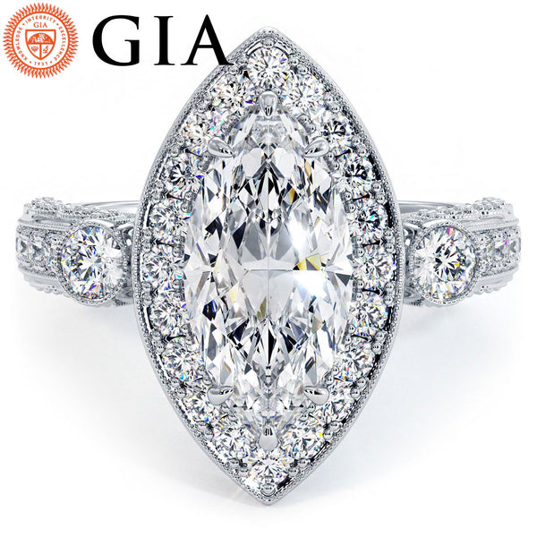 3 Carat Marquise Cut Milgrain Filigree Vintage Style Halo
