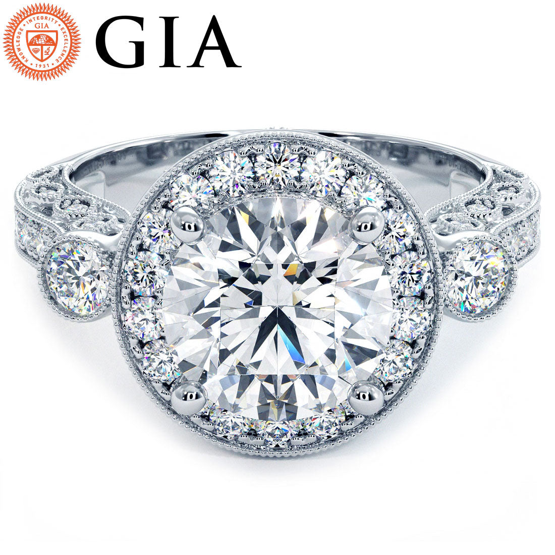 2 Carat Round Brilliant Milgrain Filigree Vintage Style Halo