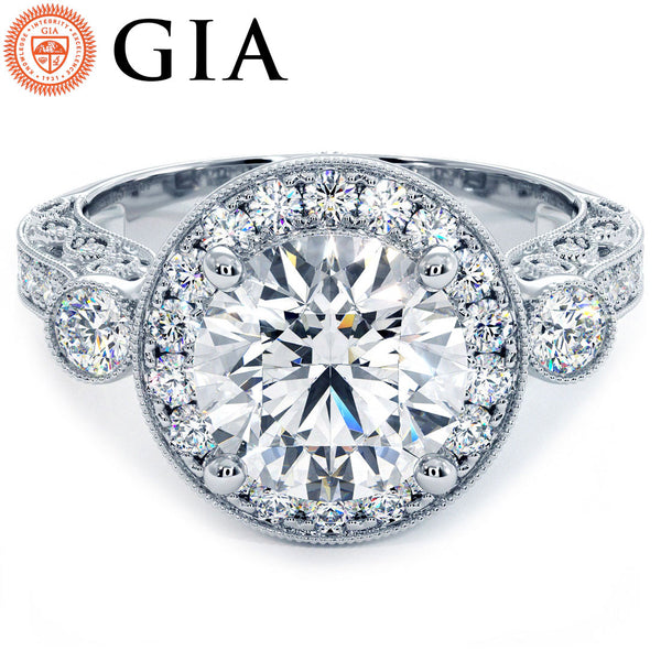 2 Carat Round Brilliant Milgrain Filigree Vintage Style Halo