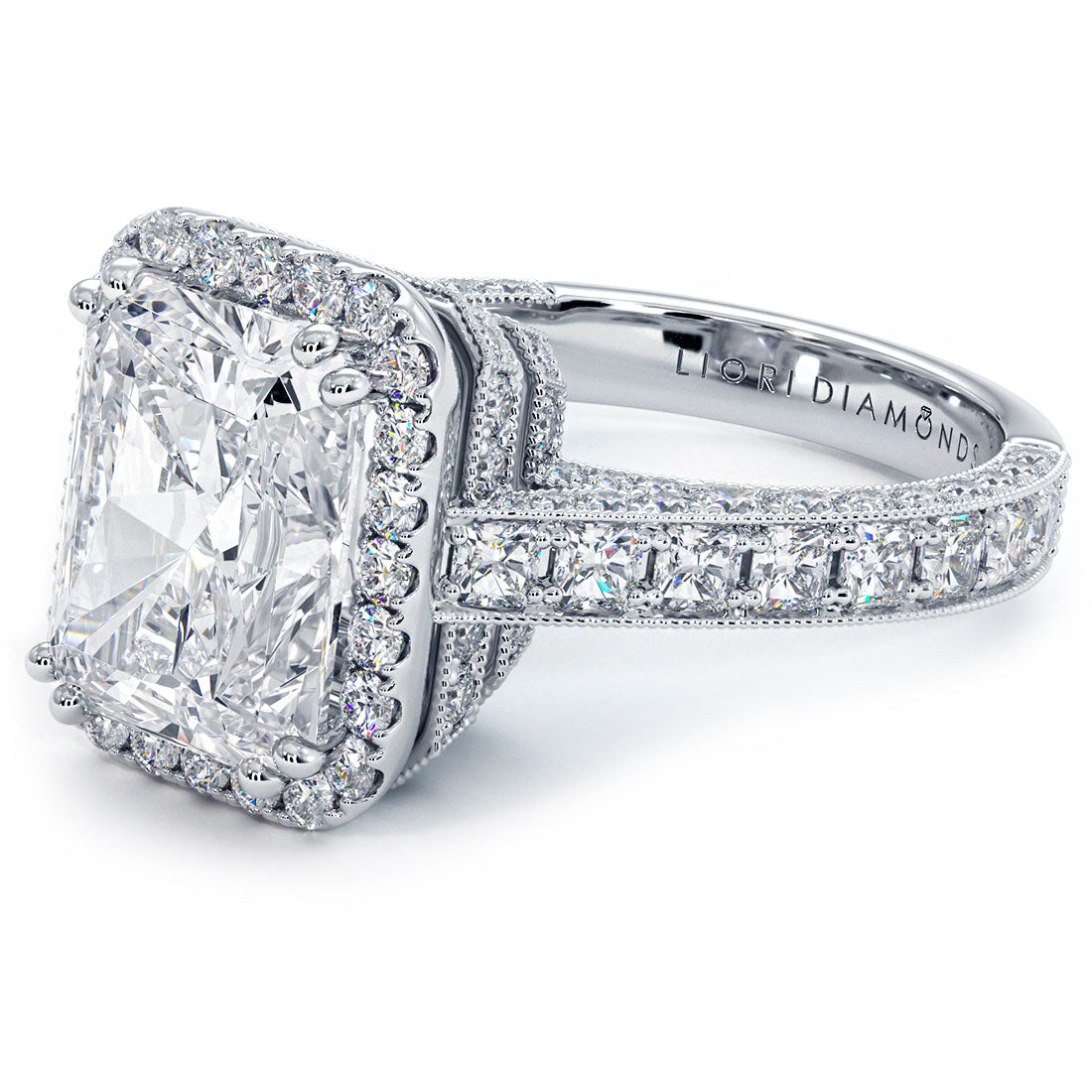 5.89ctw GIA Certified E-VVS2 Radiant Cut Halo Micropavé Vintage Style Lab Grown Diamond Engagement Ring set in 14k White Gold