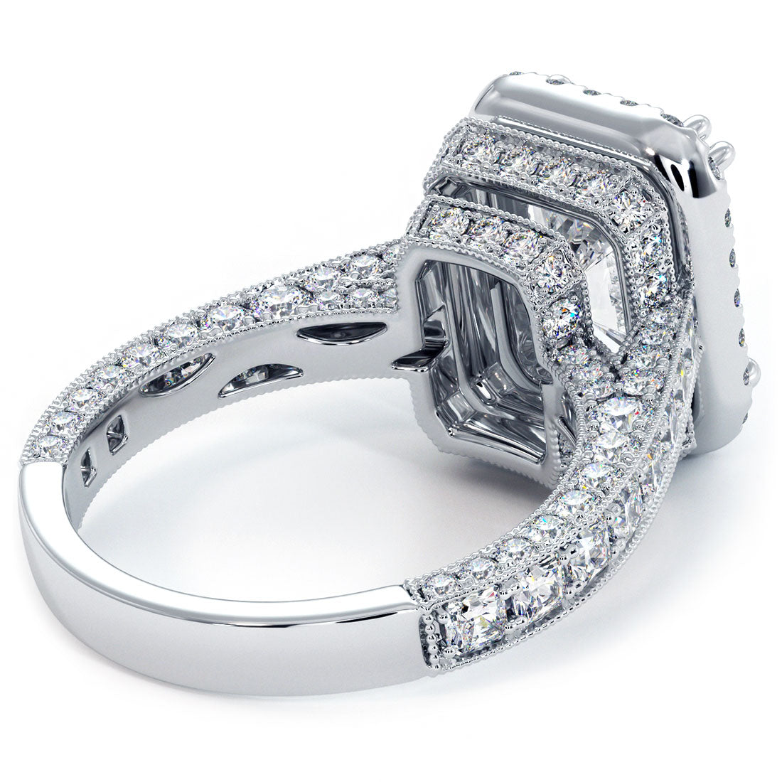 5.89ctw GIA Certified E-VVS2 Radiant Cut Halo Micropavé Vintage Style Lab Grown Diamond Engagement Ring set in 14k White Gold