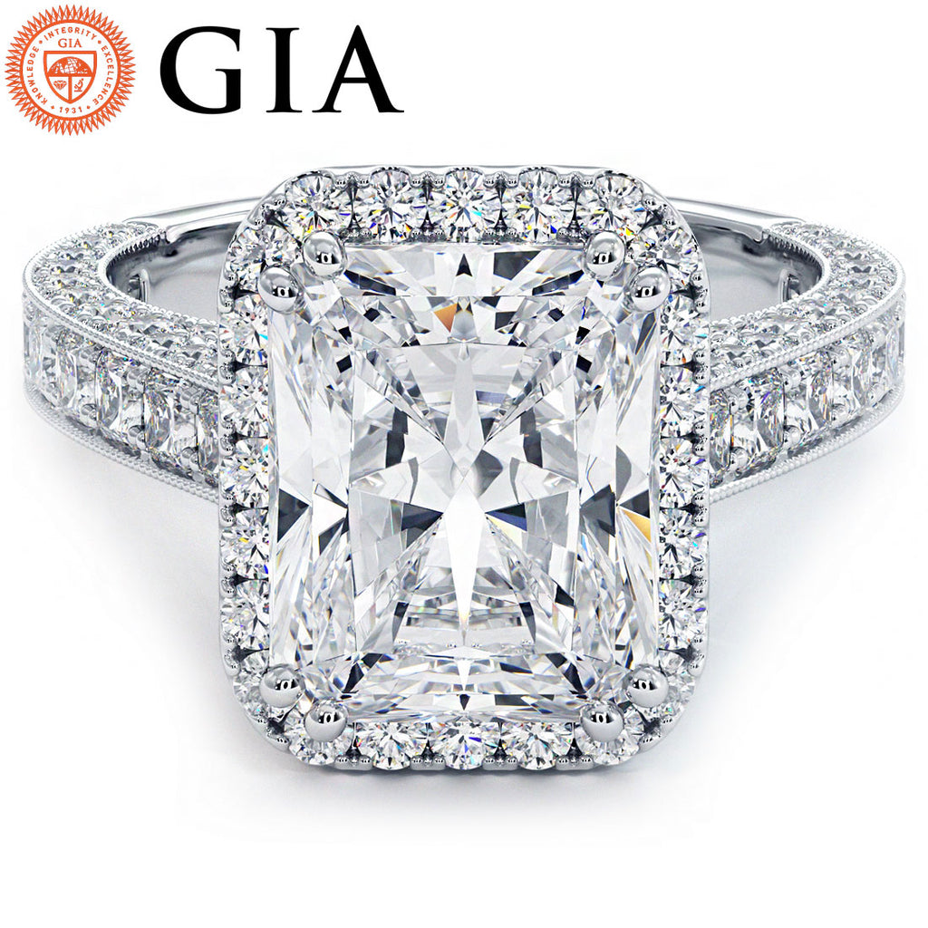 5.89ctw GIA Certified E-VVS2 Radiant Cut Halo Micropavé Vintage Style Lab Grown Diamond Engagement Ring set in 14k White Gold
