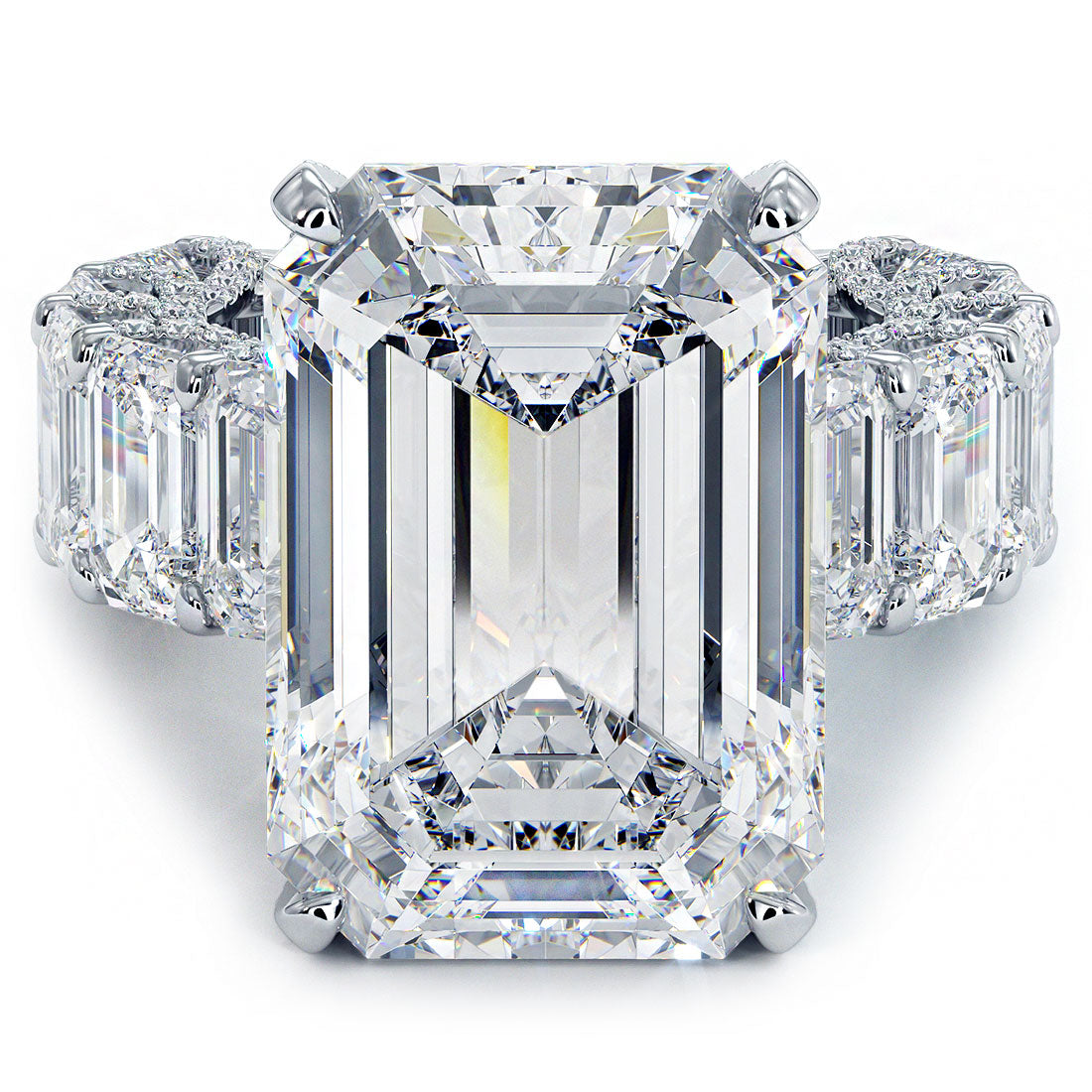 32.23ctw F-VS1 Emerald Cut Micropavé Lucida Set Lab Grown Diamond Engagement Ring set in 14k White Gold