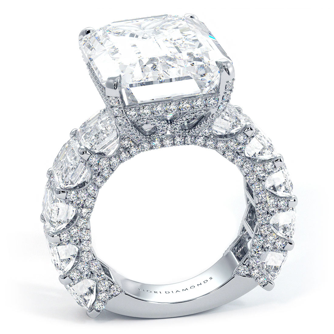 32.23ctw F-VS1 Emerald Cut Micropavé Lucida Set Lab Grown Diamond Engagement Ring set in 14k White Gold