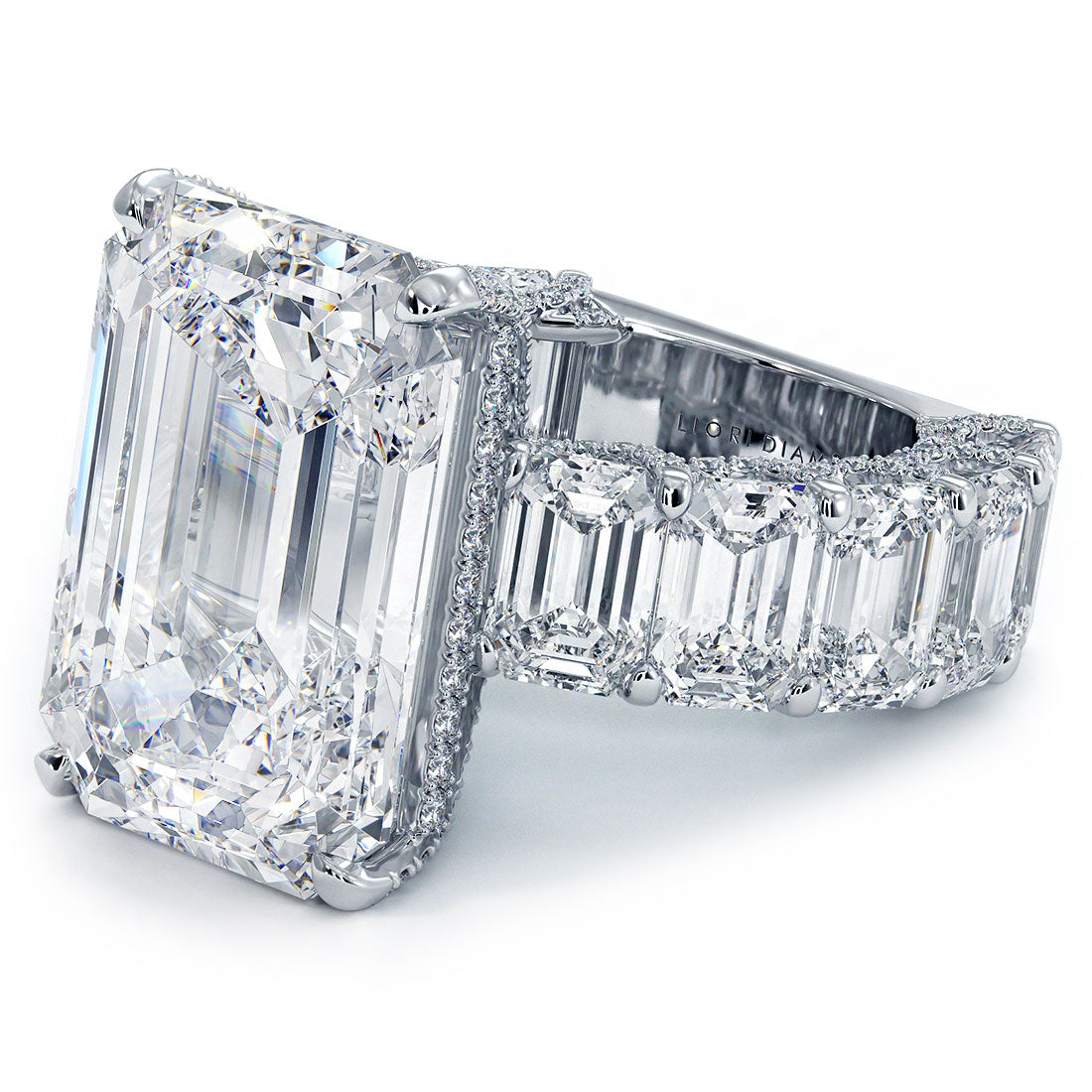 32.23ctw F-VS1 Emerald Cut Micropavé Lucida Set Lab Grown Diamond Engagement Ring set in 14k White Gold