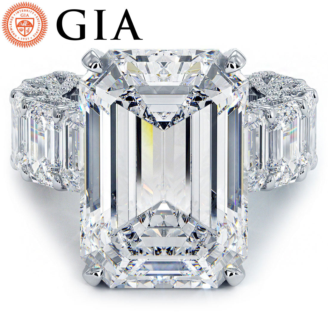 30.10ctw GIA Certified F-VVS2 Emerald Cut Micropavé Lucida Set Lab Grown Diamond Engagement Ring set in 14k White Gold