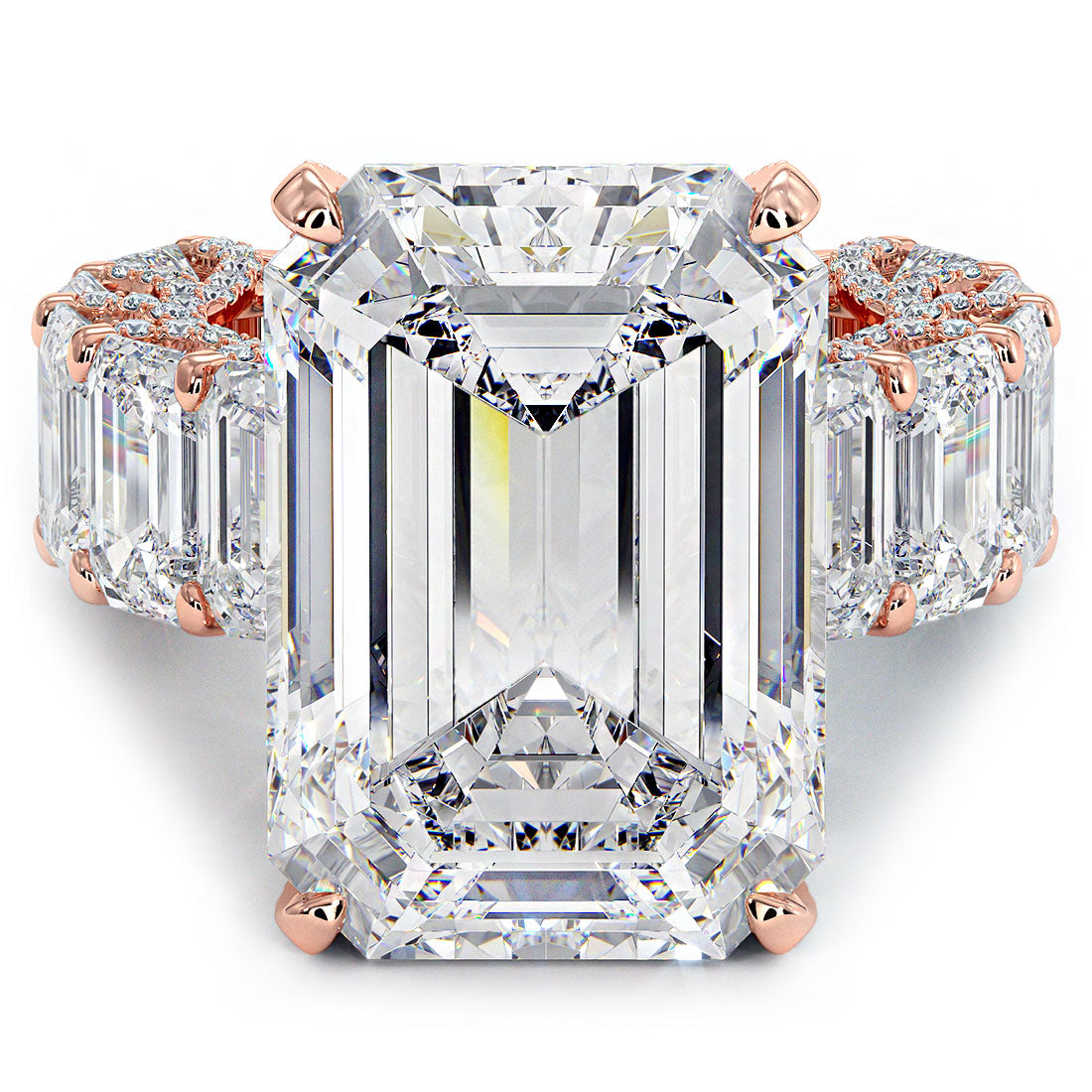 32.23ctw F-VS1 Emerald Cut Micropavé Lucida Set Lab Grown Diamond Engagement Ring set in 14k Rose Gold